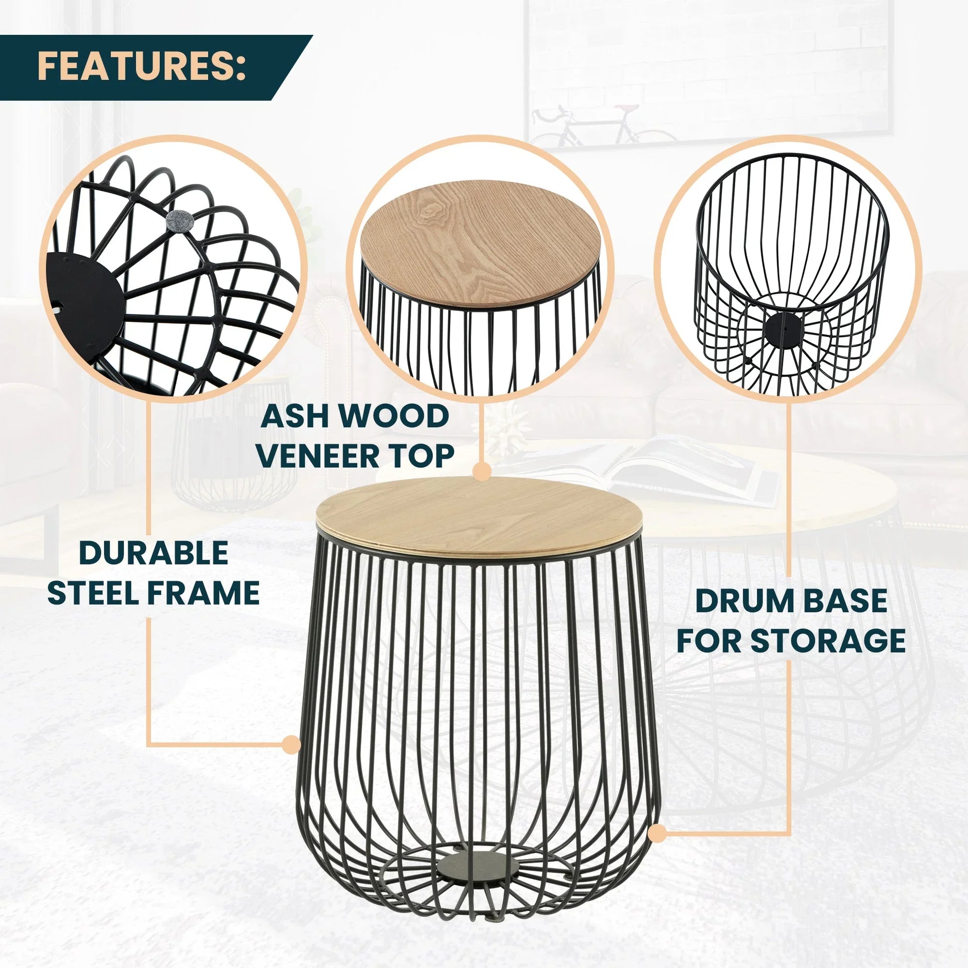 Runswick Round End Table Wood Tabletop With Steel Drum Base for Storage - Elax Furniture