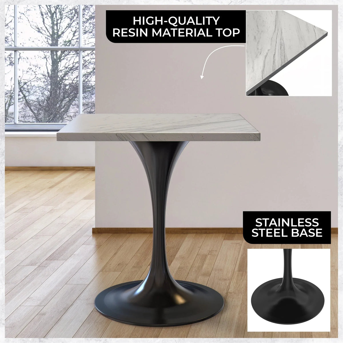 Verve Square Dining Table with a Laminated White Marbleized Tabletop and Black Stainless Steel Base - Elax Furniture