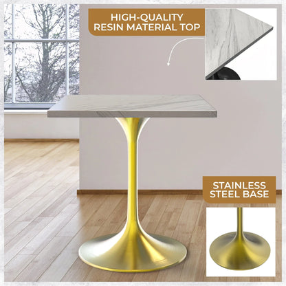 Verve Square Dining Table with a Laminated White Marbleized Tabletop and Brushed Gold Stainless Steel Base - Elax Furniture