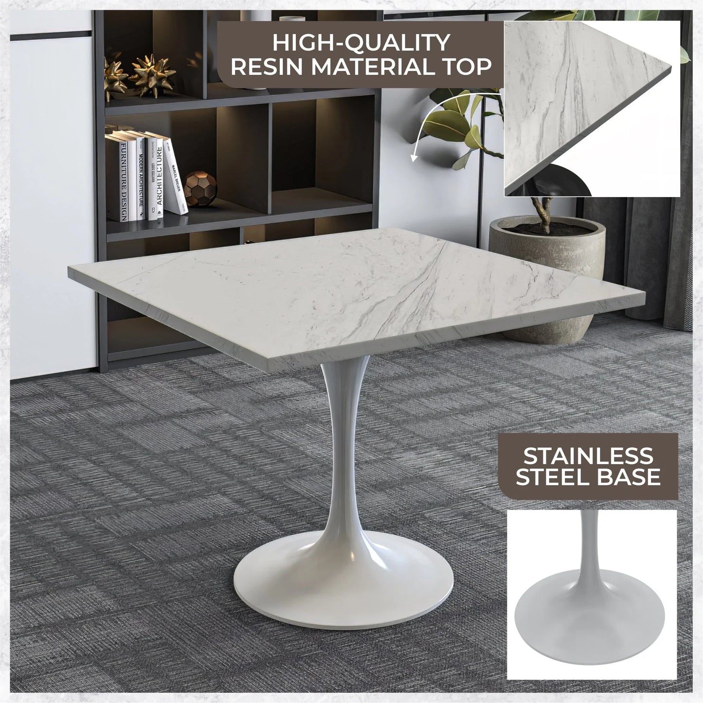 Verve Square Dining Table with a Laminated White Marbleized Tabletop and White Steel Pedestal Base - Elax Furniture