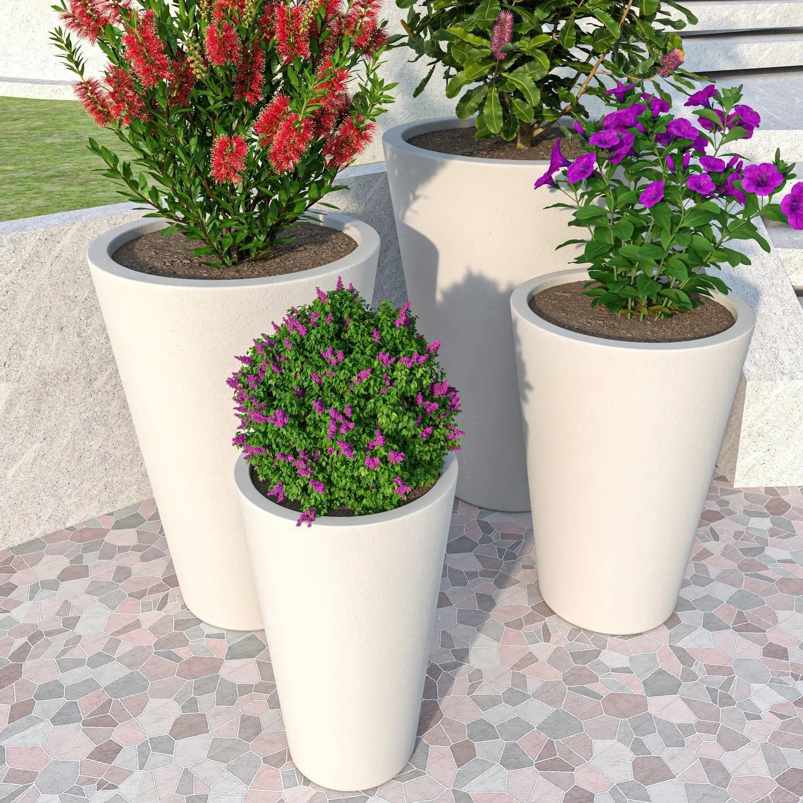 Pebble 4-Piece Modern Fiberstone and MGO Clay Tapered Round Planter Set for Indoor and Outdoor - Elax Furniture