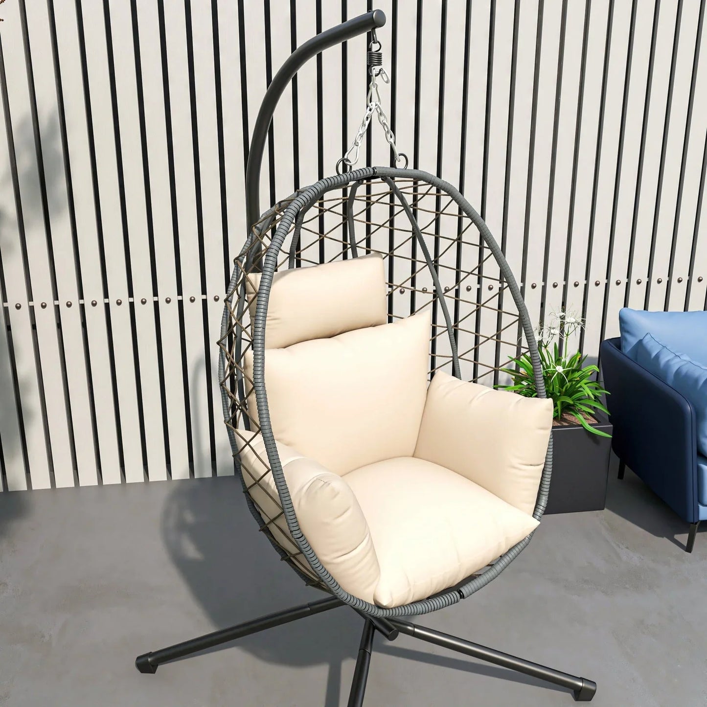 Summit Outdoor Single Person Egg Swing Chair in Grey Steel Frame With Removable Cushions - Elax Furniture