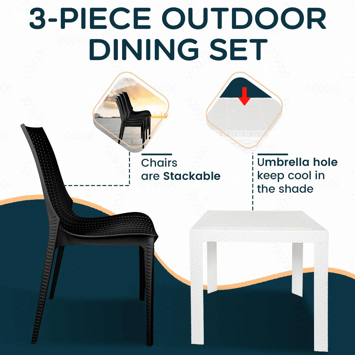 Kent Mid-Century Modern Weave Design 3-Piece Outdoor Patio Dining Set - Elax Furniture