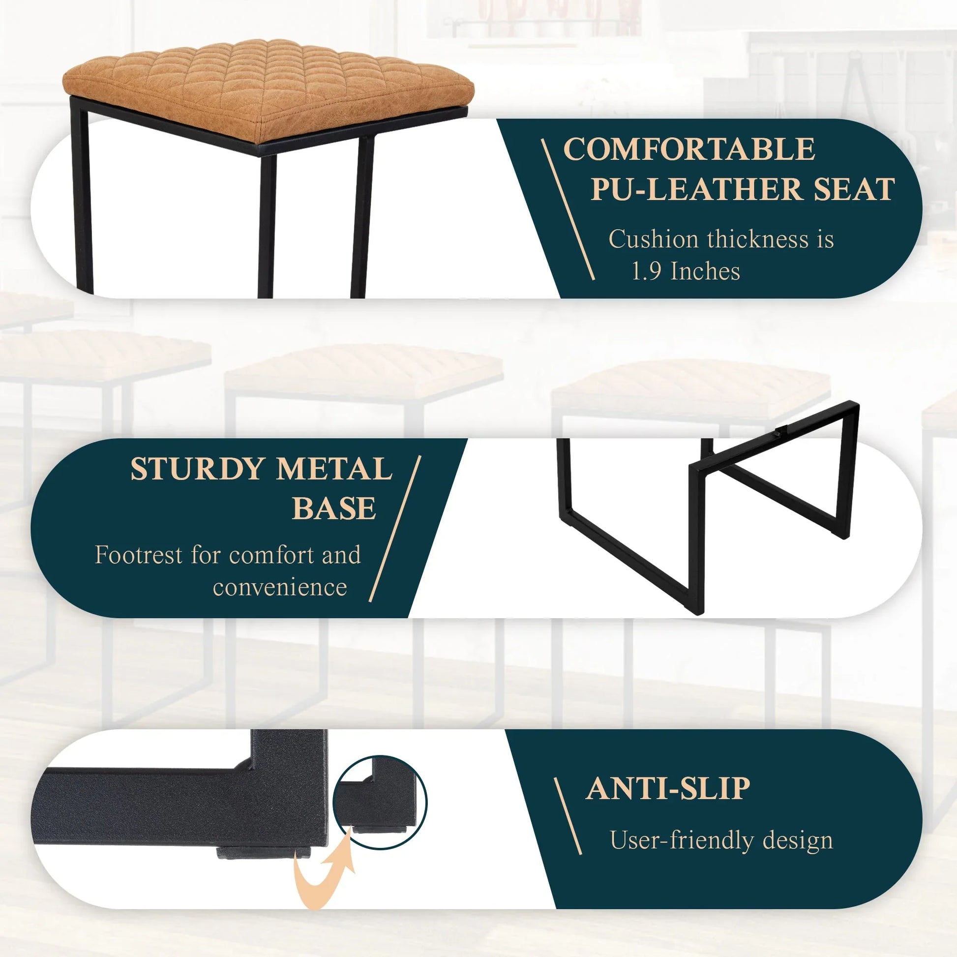 Quincy Leather Bar Stools With Metal Frame - Elax Furniture