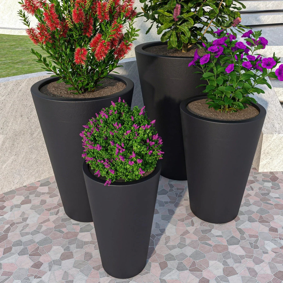 Pebble 4-Piece Modern Fiberstone and MGO Clay Tapered Round Planter Set for Indoor and Outdoor - Elax Furniture
