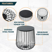 Runswick Round End Table Wood Tabletop With Steel Drum Base for Storage - Elax Furniture