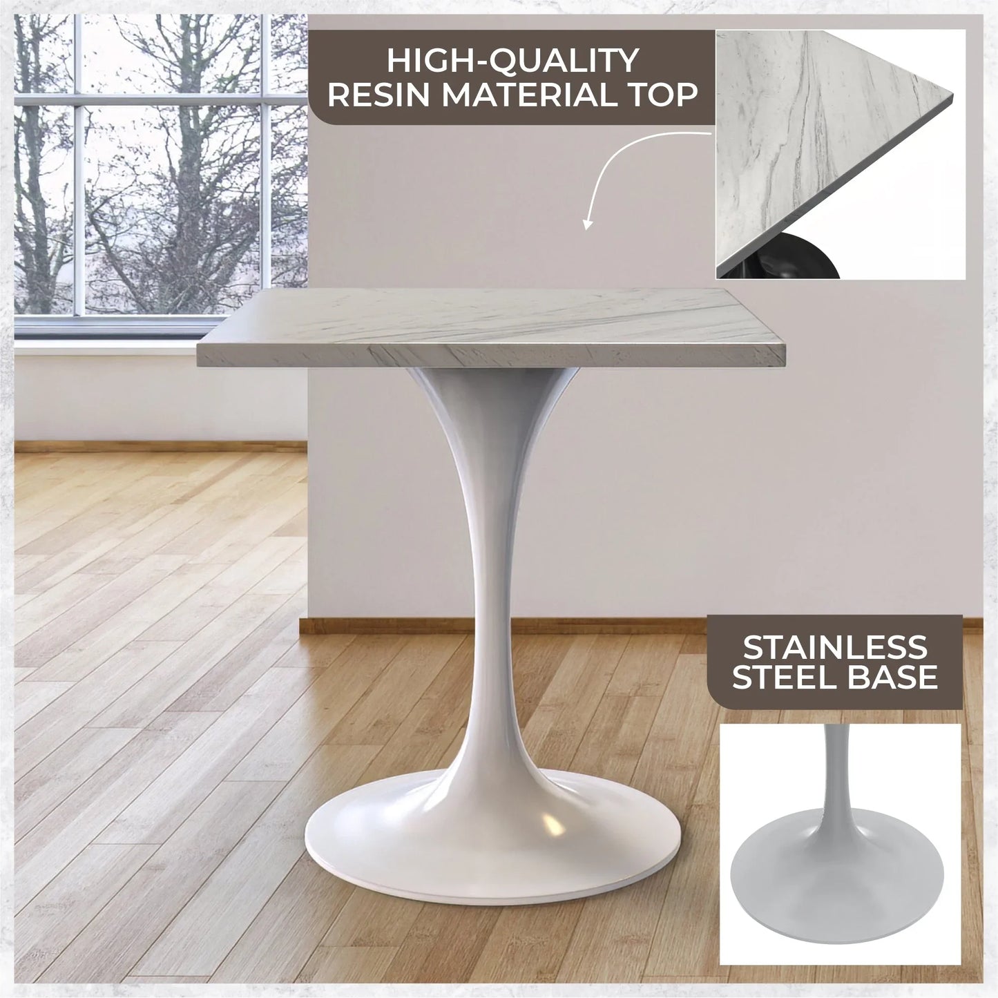 Verve Square Dining Table with a Laminated White Marbleized Tabletop and White Steel Pedestal Base - Elax Furniture