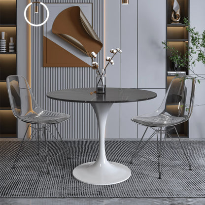 Verve Round Dining Table with MDF/Sintered Stone/Resin Tabletop in White Stainless Steel Pedestal Base - Elax Furniture