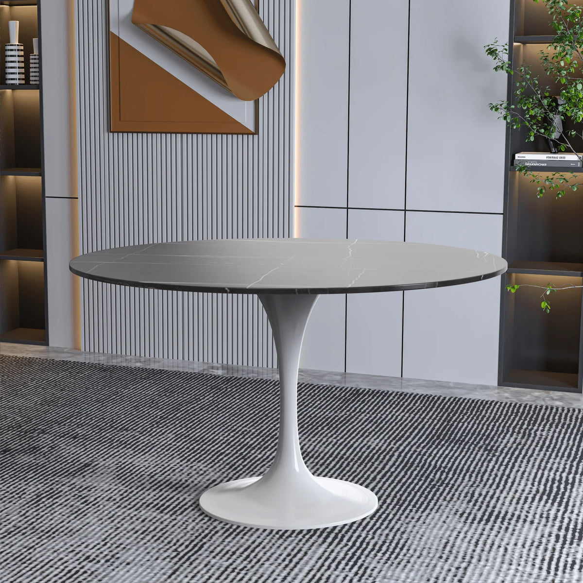 Verve Round Dining Table with MDF/Sintered Stone/Resin Tabletop in White Stainless Steel Pedestal Base - Elax Furniture