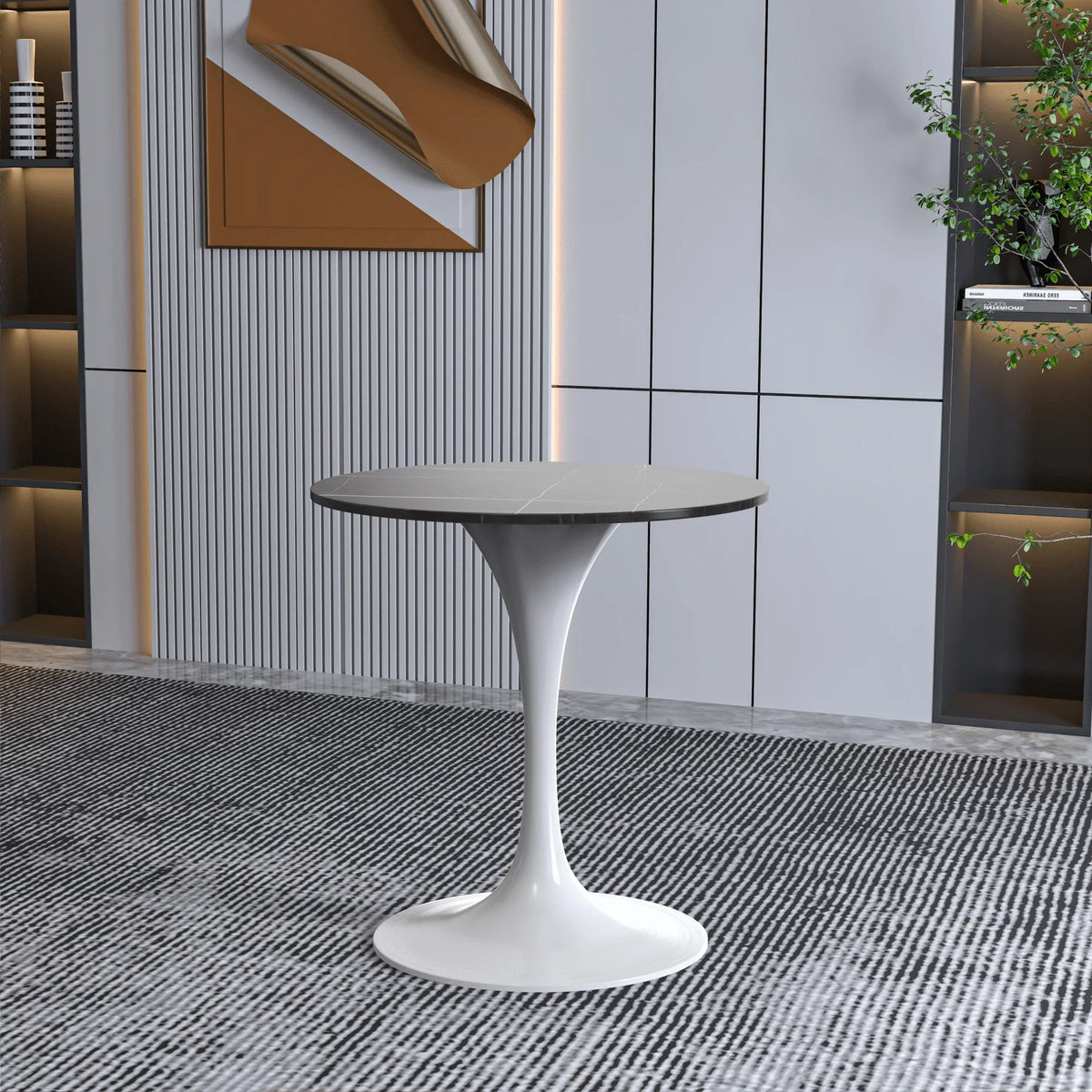 Verve Round Dining Table with MDF/Sintered Stone/Resin Tabletop in White Stainless Steel Pedestal Base - Elax Furniture