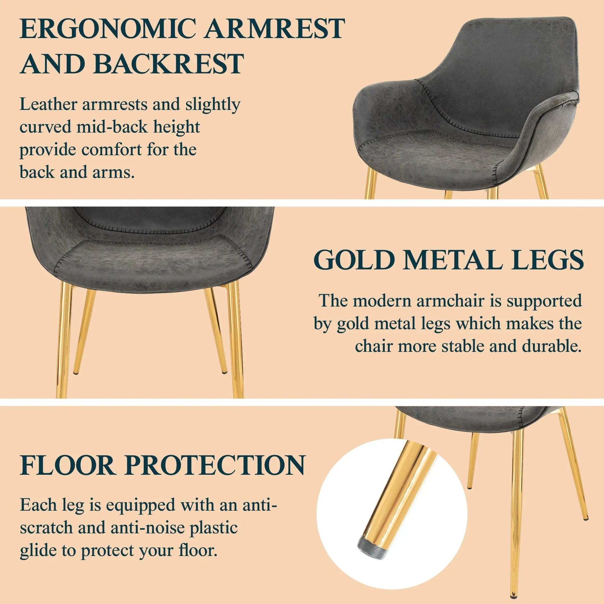 Markley Modern Leather Dining Arm Chair With Gold Metal Legs Set of 4 - Elax Furniture