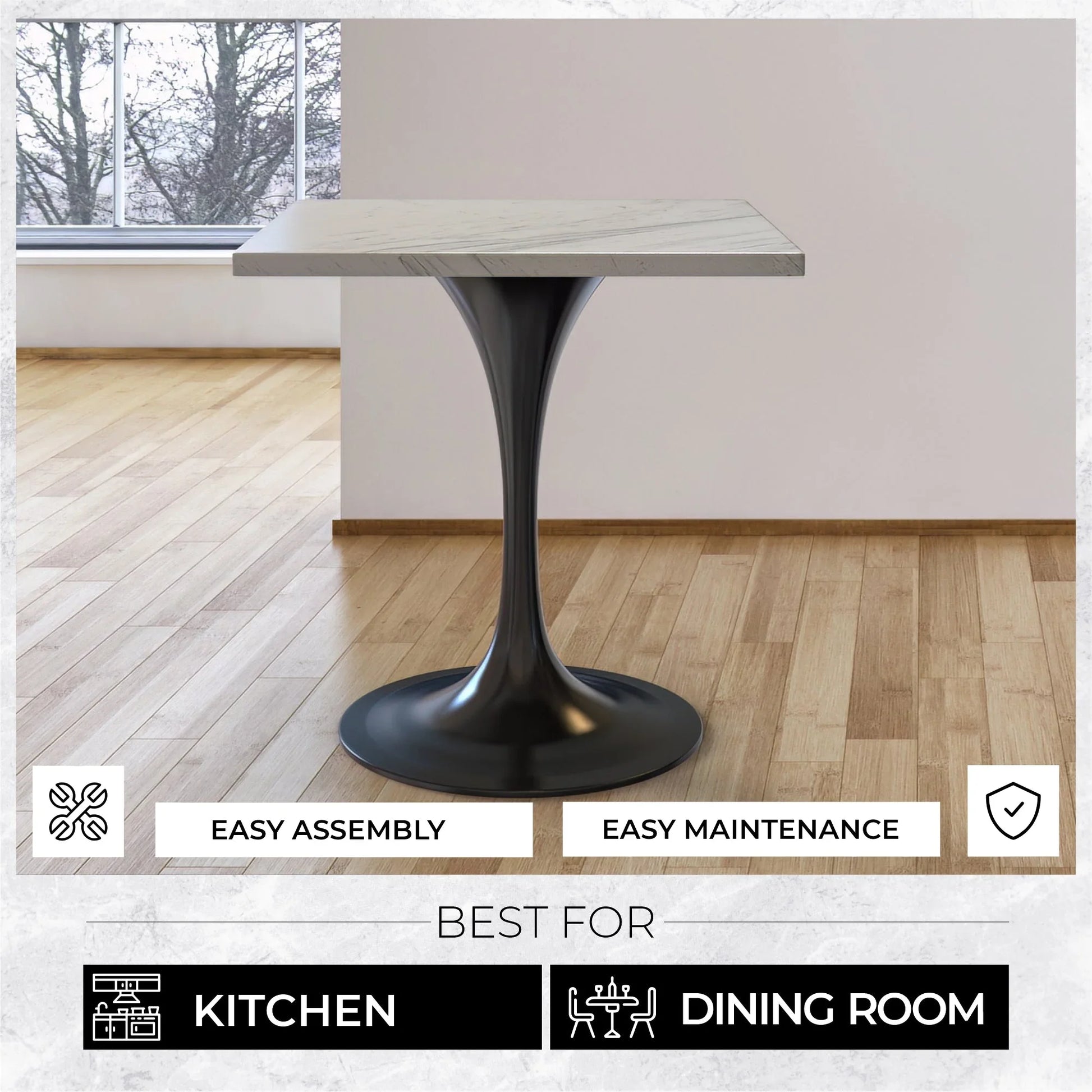 Verve Square Dining Table with a Laminated White Marbleized Tabletop and Black Stainless Steel Base - Elax Furniture