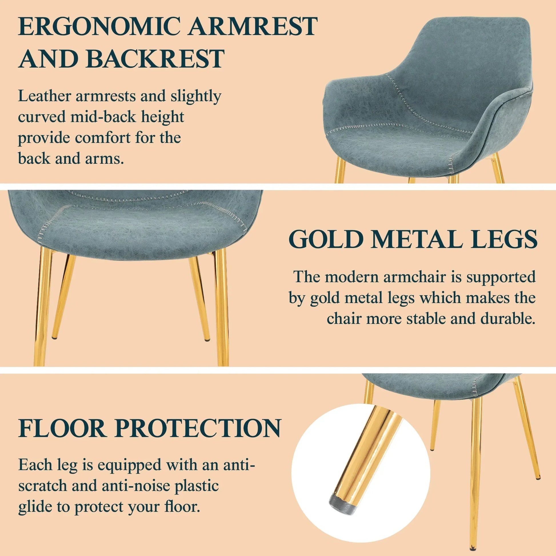 Markley Modern Leather Dining Arm Chair With Gold Metal Legs Set of 2 - Elax Furniture