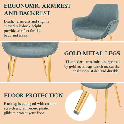 Markley Modern Leather Dining Arm Chair With Gold Metal Legs Set of 2 - Elax Furniture