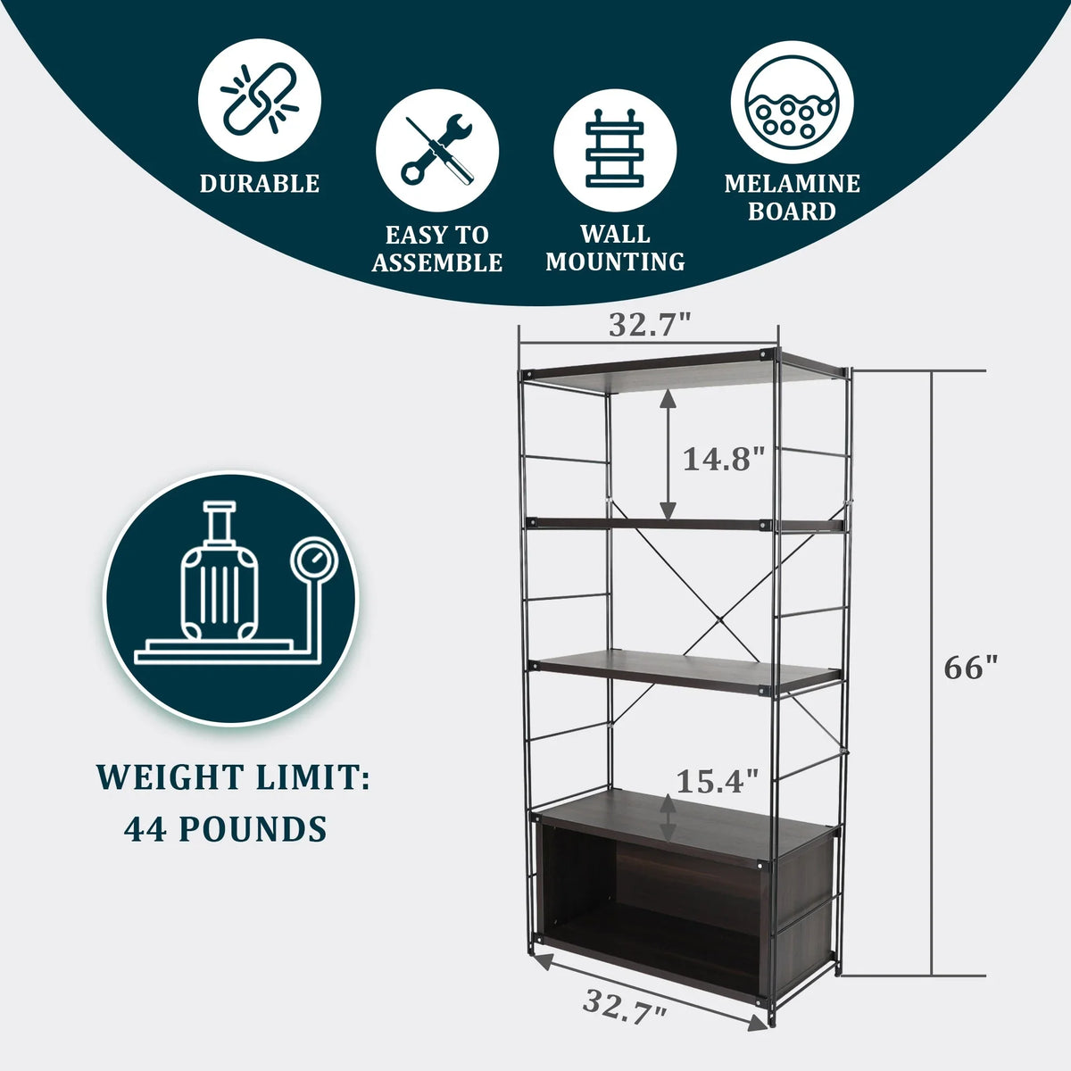 Brentwood Etagere Bookcase with Black Powder Coated Steel Frame and Melamine Board Shelves - Elax Furniture
