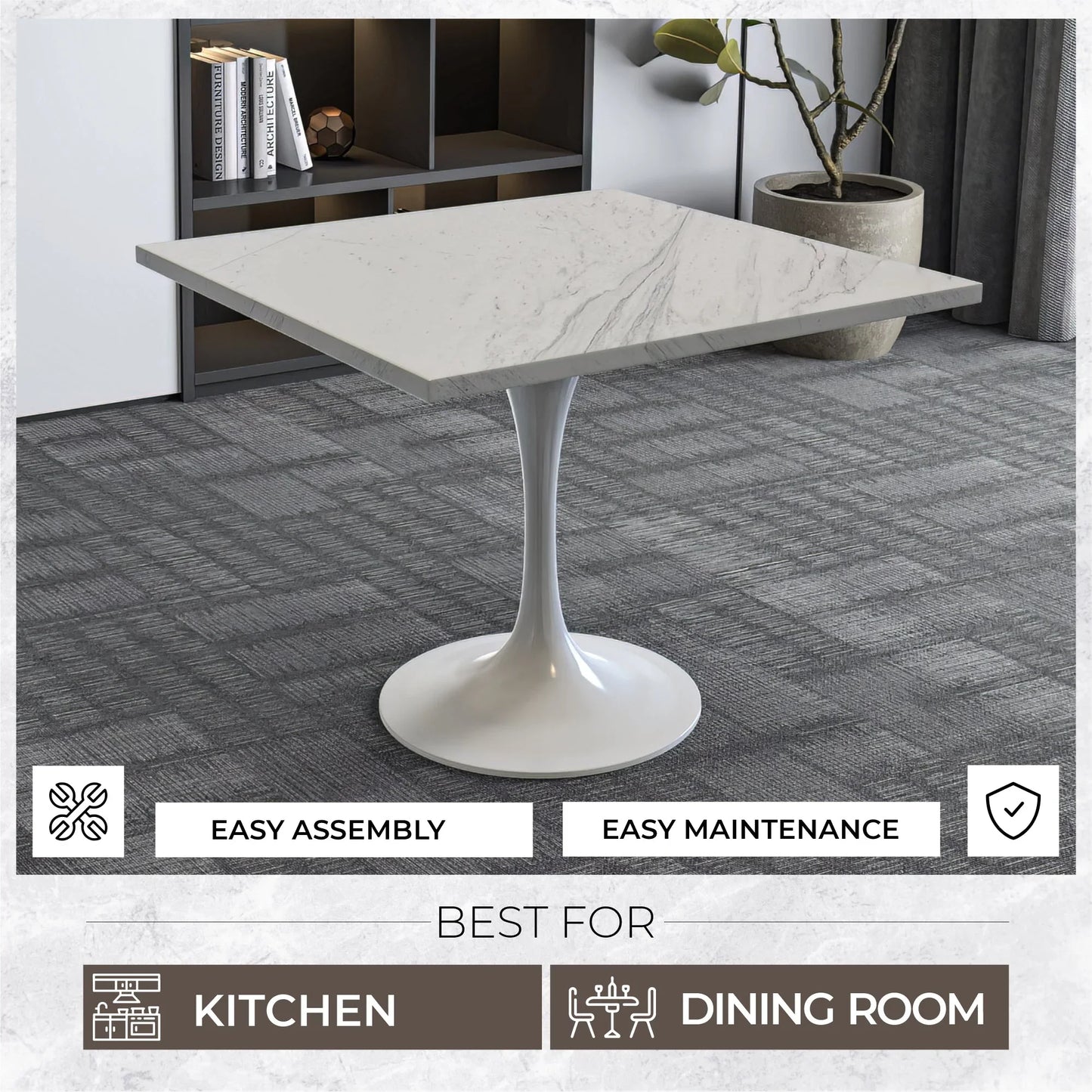 Verve Square Dining Table with a Laminated White Marbleized Tabletop and White Steel Pedestal Base - Elax Furniture