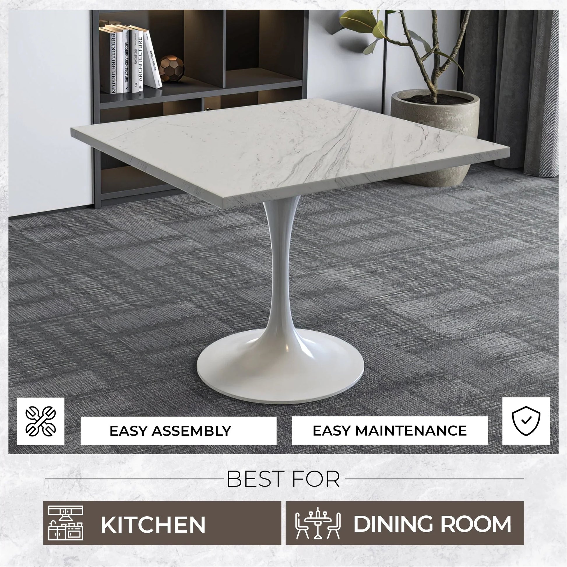 Verve Square Dining Table with a Laminated White Marbleized Tabletop and White Steel Pedestal Base - Elax Furniture