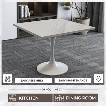 Verve Square Dining Table with a Laminated White Marbleized Tabletop and White Steel Pedestal Base - Elax Furniture