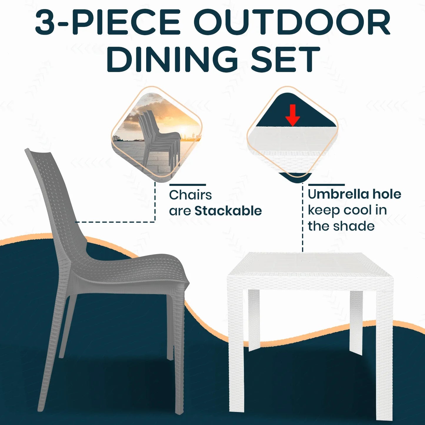 Kent Mid-Century Modern Weave Design 3-Piece Outdoor Patio Dining Set - Elax Furniture