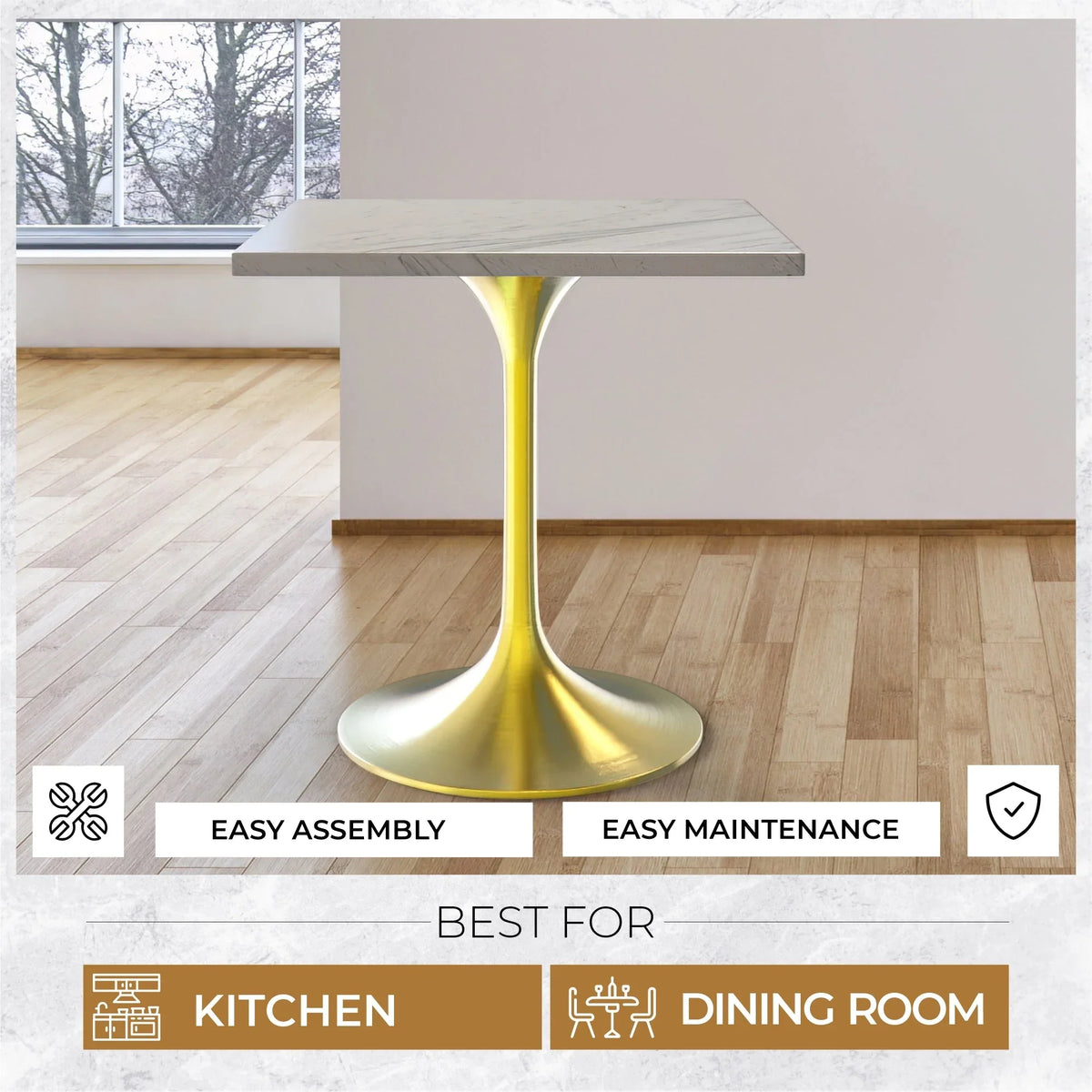 Verve Square Dining Table with a Laminated White Marbleized Tabletop and Brushed Gold Stainless Steel Base - Elax Furniture