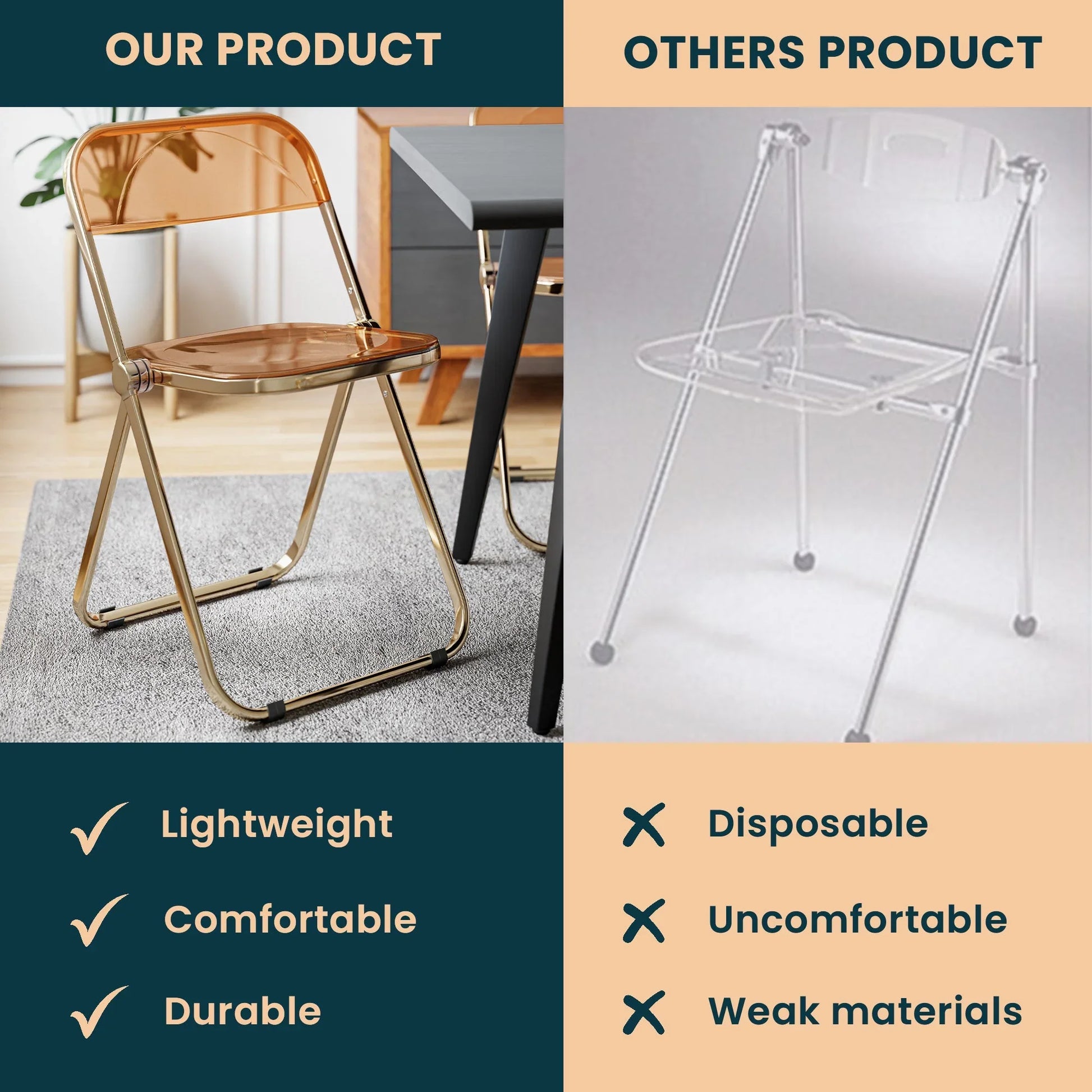 Lawrence Acrylic Folding Chair With Gold Metal Frame Set of 2 - Elax Furniture