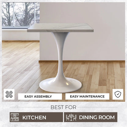 Verve Square Dining Table with a Laminated White Marbleized Tabletop and White Steel Pedestal Base - Elax Furniture