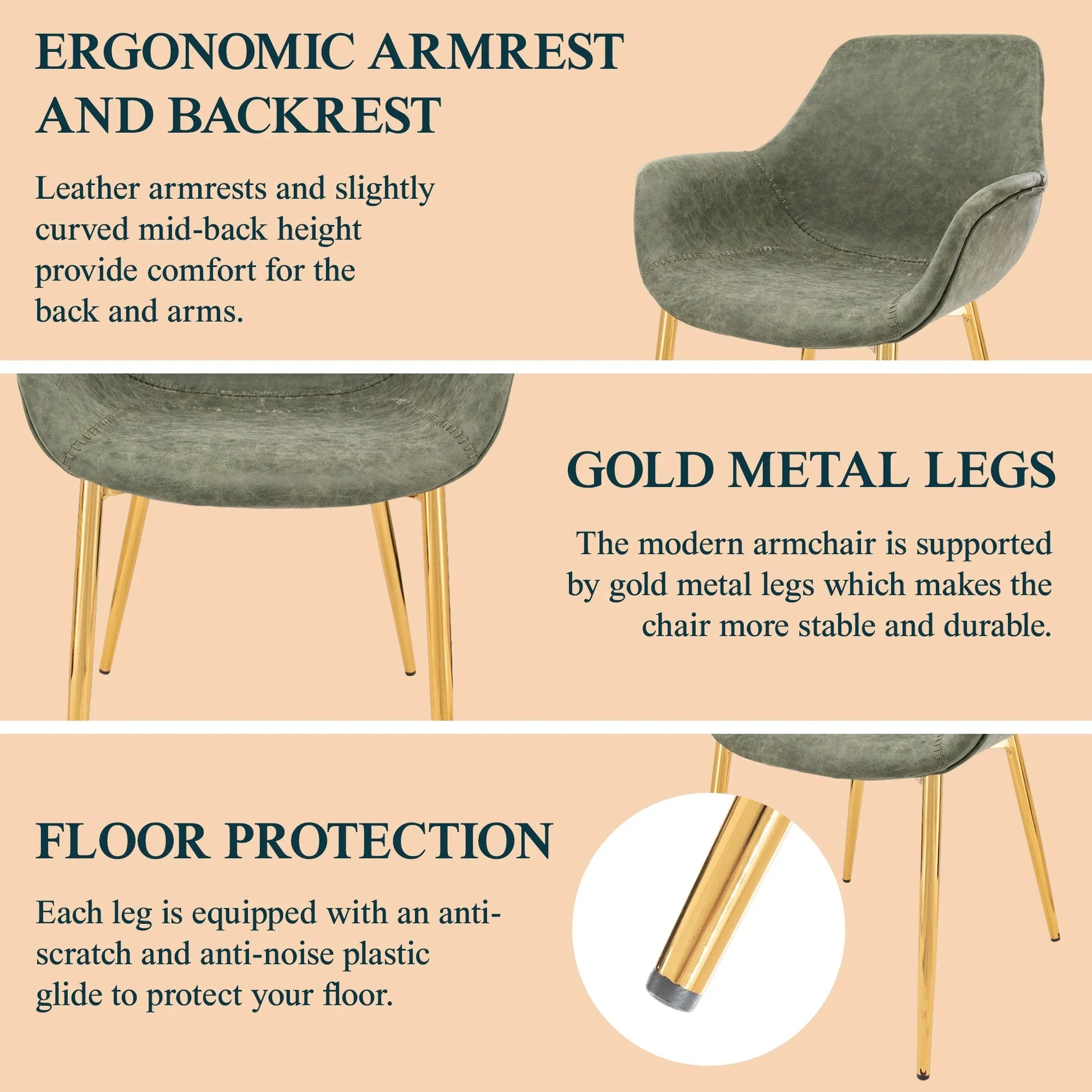 Markley Modern Leather Dining Arm Chair With Gold Metal Legs Set of 2 - Elax Furniture