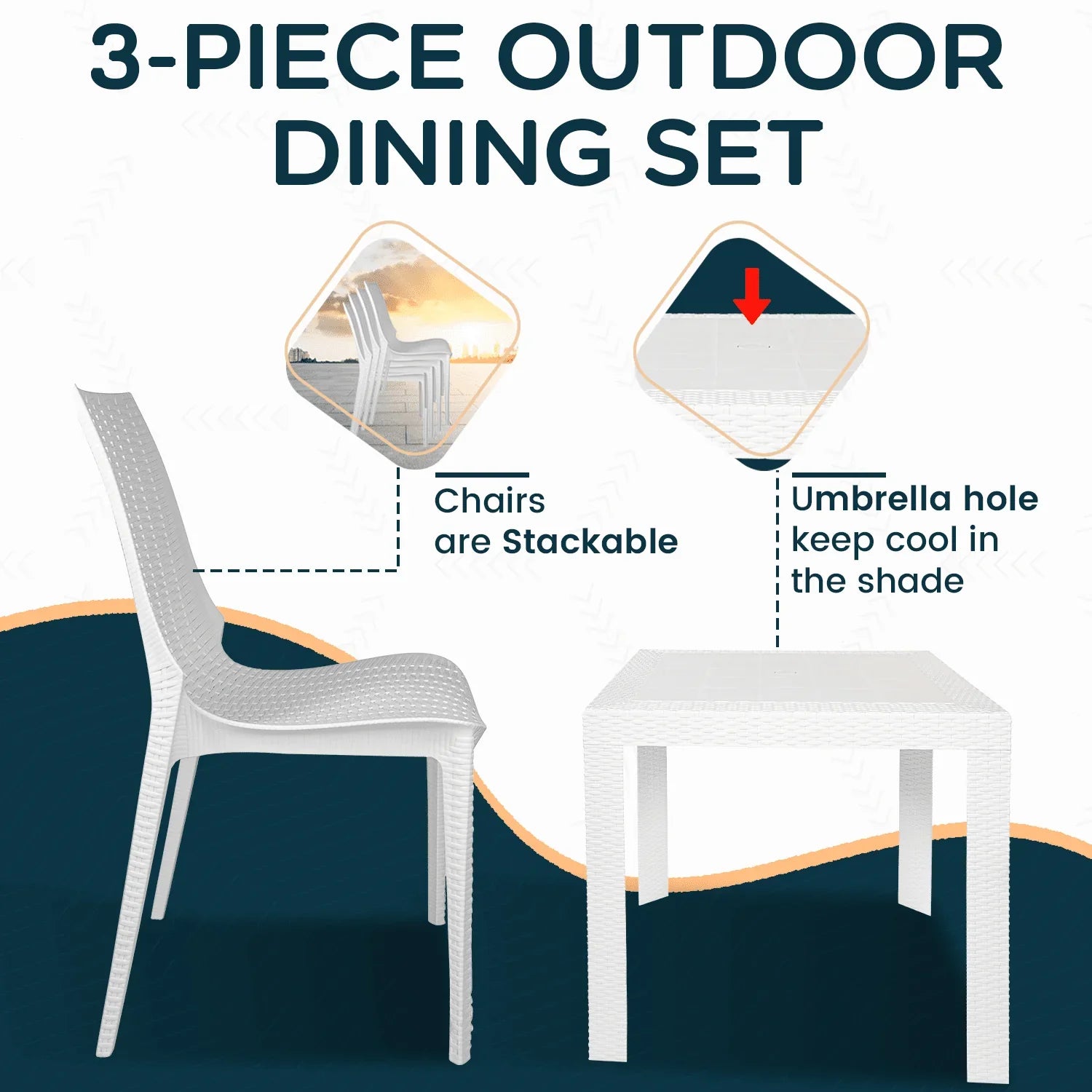 Kent Mid-Century Modern Weave Design 3-Piece Outdoor Patio Dining Set - Elax Furniture