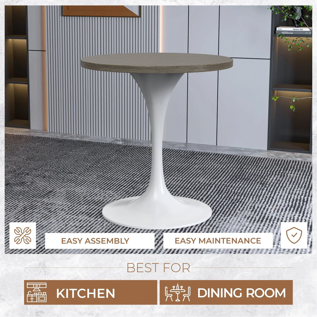 Verve Round Dining Table with MDF/Sintered Stone/Resin Tabletop in White Stainless Steel Pedestal Base - Elax Furniture