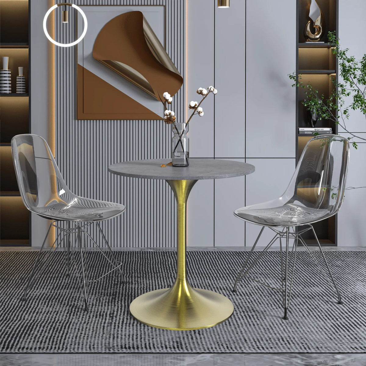Verve Round Dining Table with MDF/Sintered Stone/Resin Tabletop in Gold Stainless Steel Pedestal Base - Elax Furniture