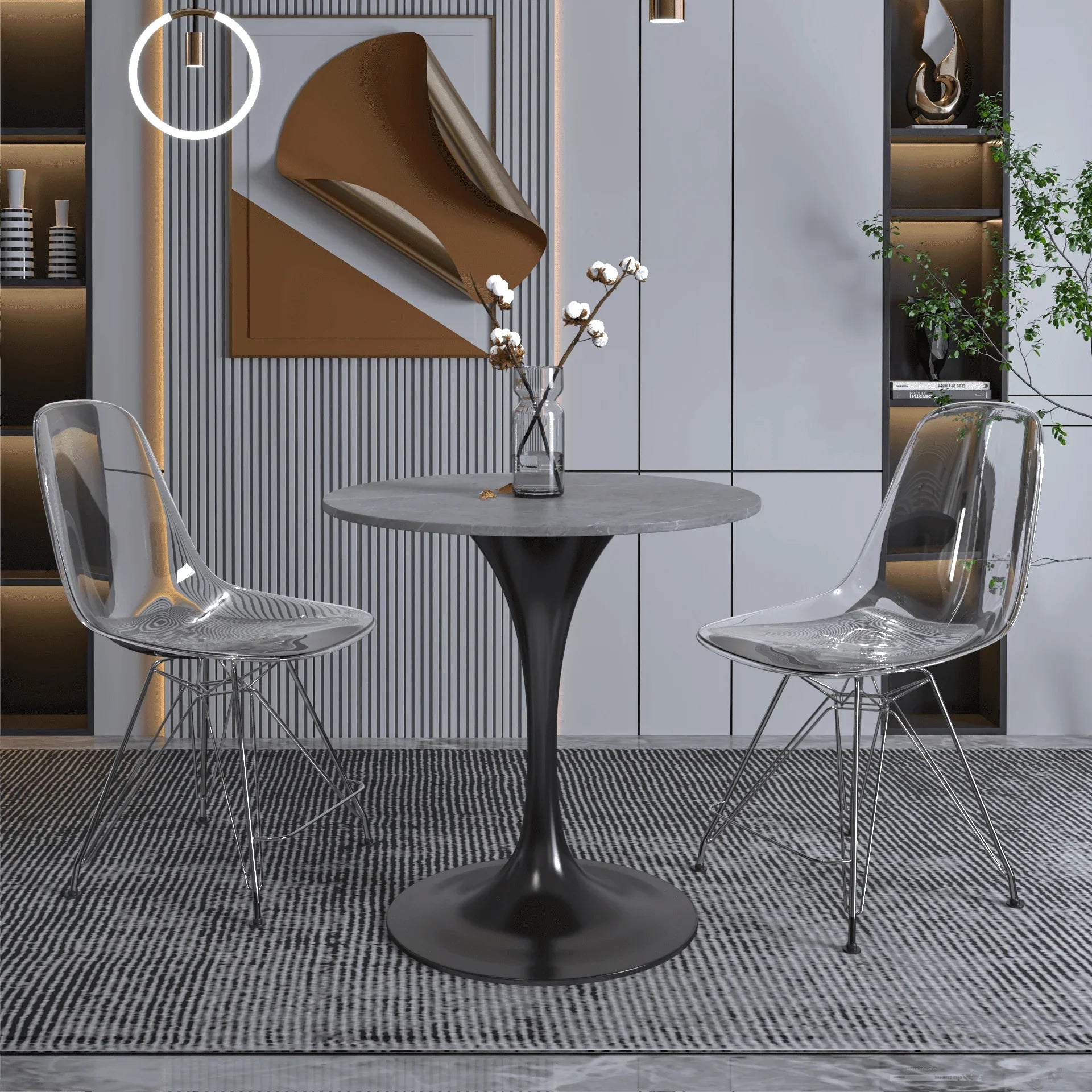 Verve Round Dining Table with MDF/Sintered Stone/Resin Tabletop in Black Stainless Steel Pedestal Base - Elax Furniture