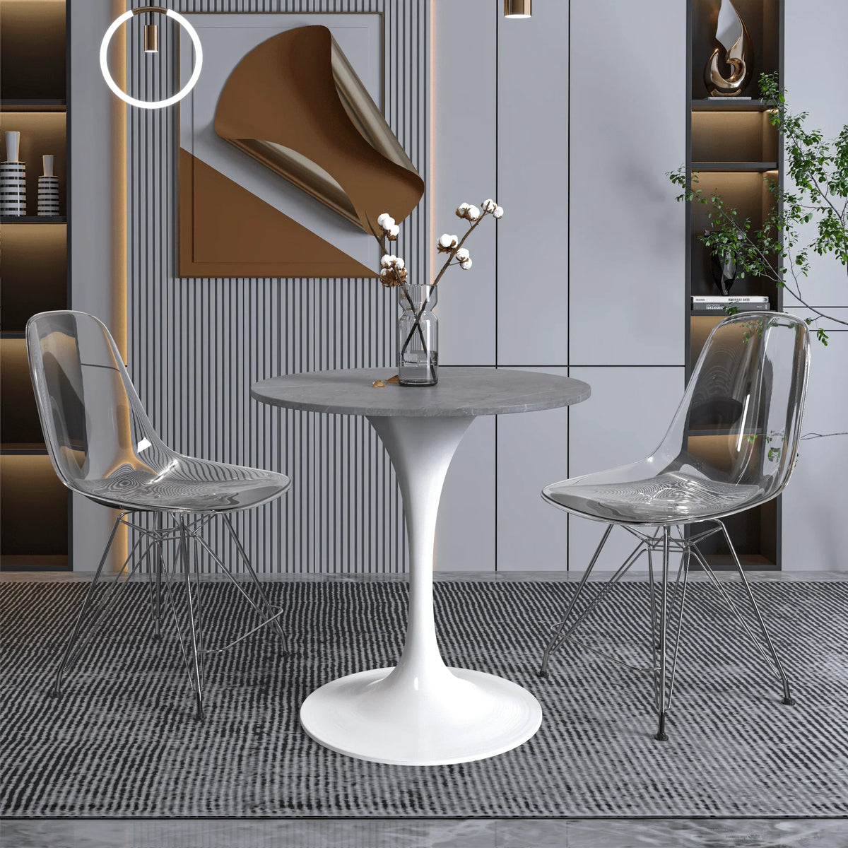 Verve Round Dining Table with MDF/Sintered Stone/Resin Tabletop in White Stainless Steel Pedestal Base - Elax Furniture