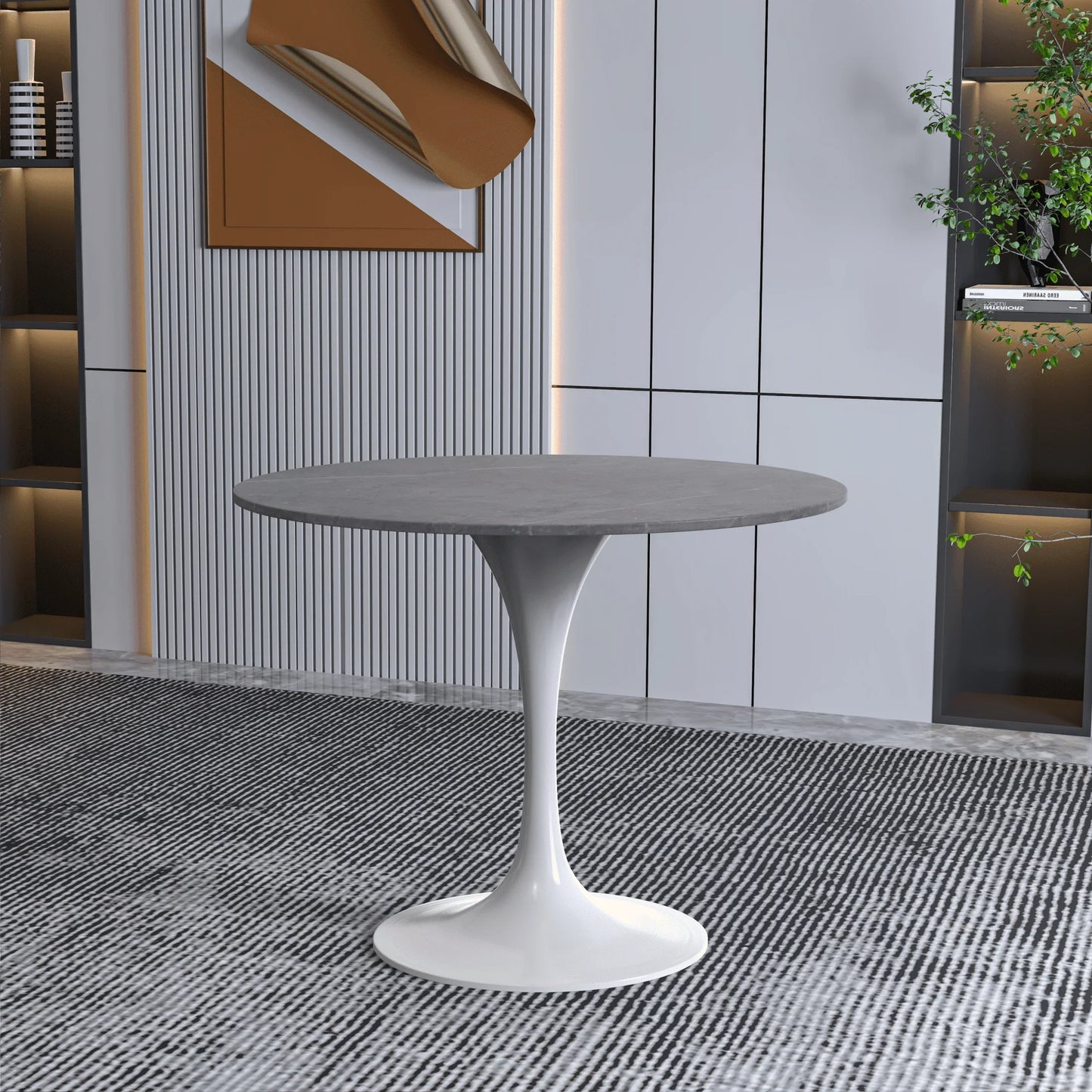 Verve Round Dining Table with MDF/Sintered Stone/Resin Tabletop in White Stainless Steel Pedestal Base - Elax Furniture