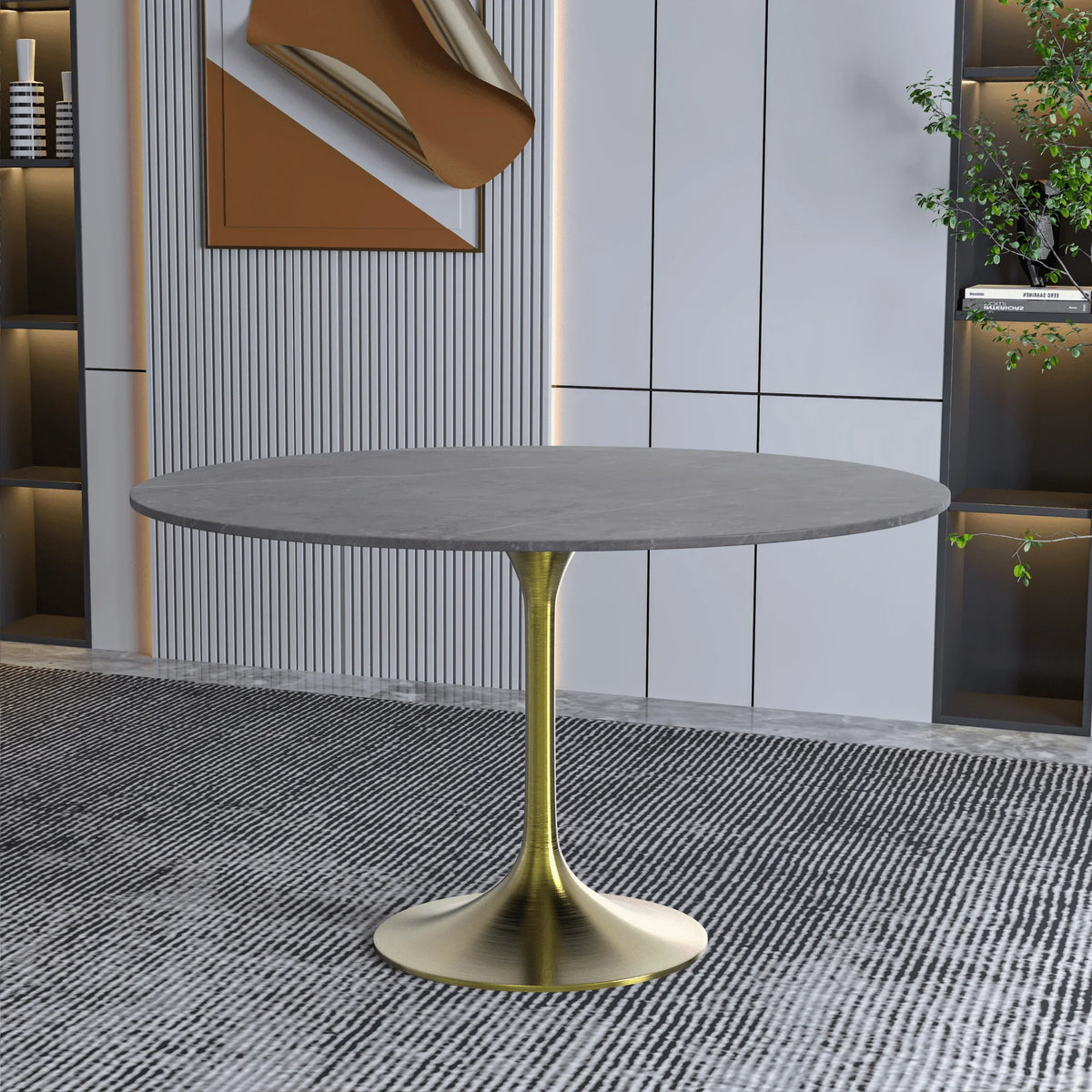 Verve Round Dining Table with MDF/Sintered Stone/Resin Tabletop in Gold Stainless Steel Pedestal Base - Elax Furniture