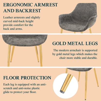 Markley Modern Leather Dining Arm Chair With Gold Metal Legs Set of 4 - Elax Furniture