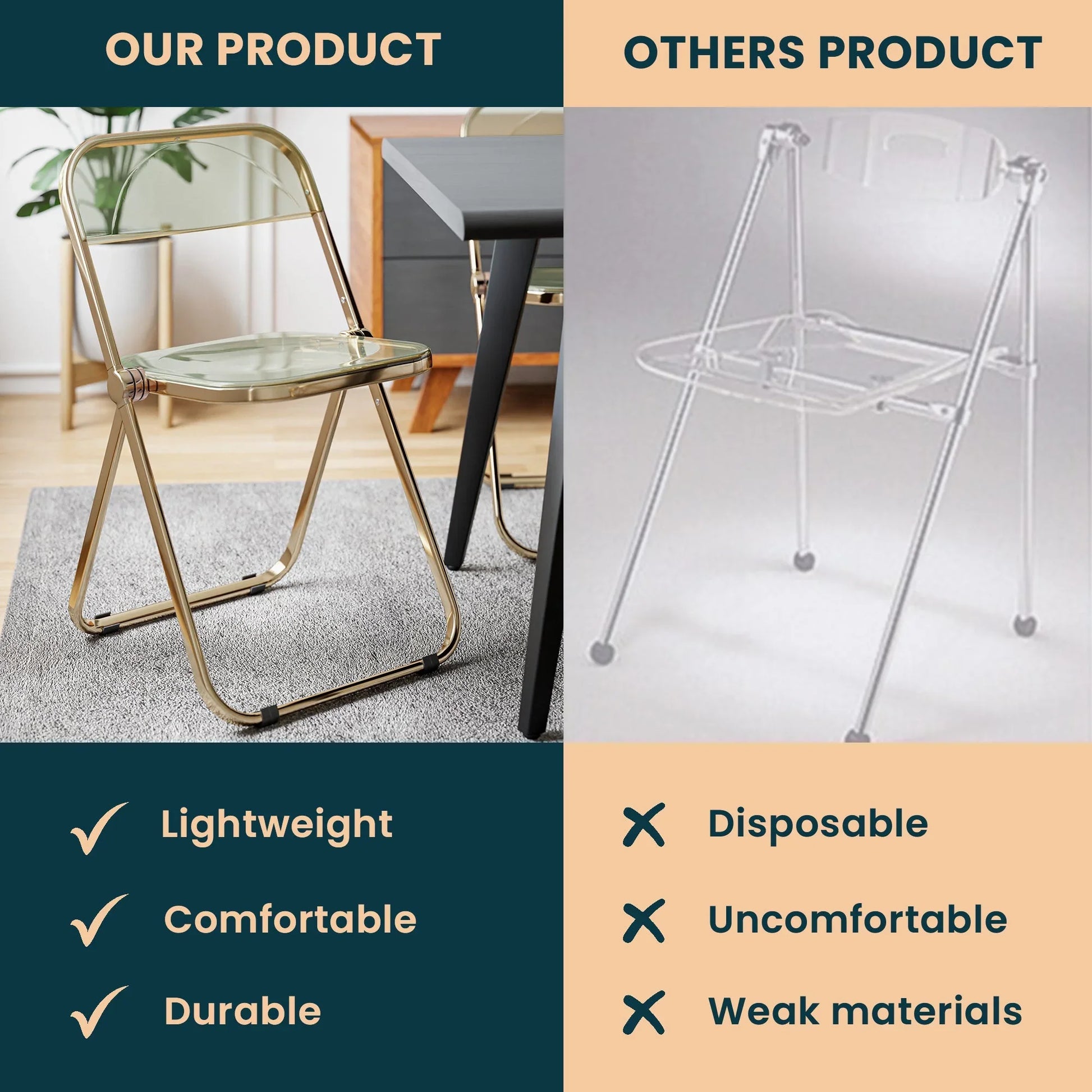 Lawrence Acrylic Folding Chair With Gold Metal Frame Set of 2 - Elax Furniture