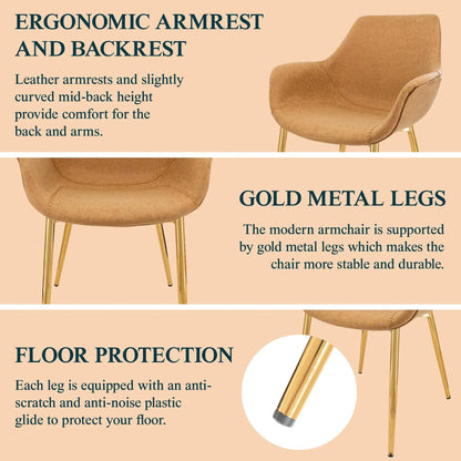 Markley Modern Leather Dining Arm Chair With Gold Metal Legs Set of 4 - Elax Furniture