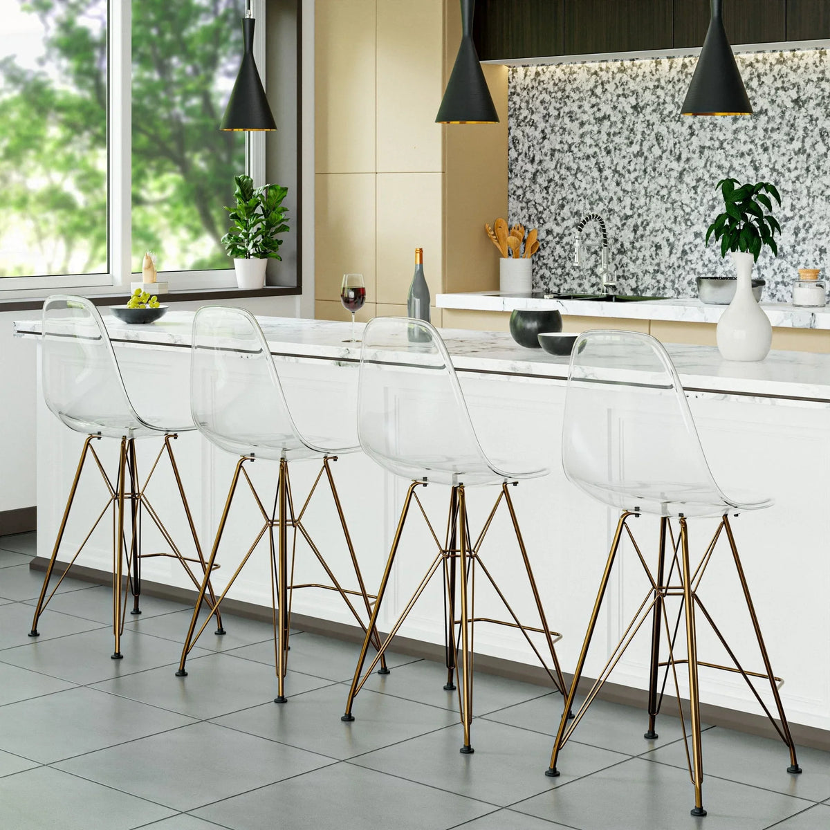 Cresco Modern Acrylic Barstool with Gold Chrome Base and Footrest - Elax Furniture