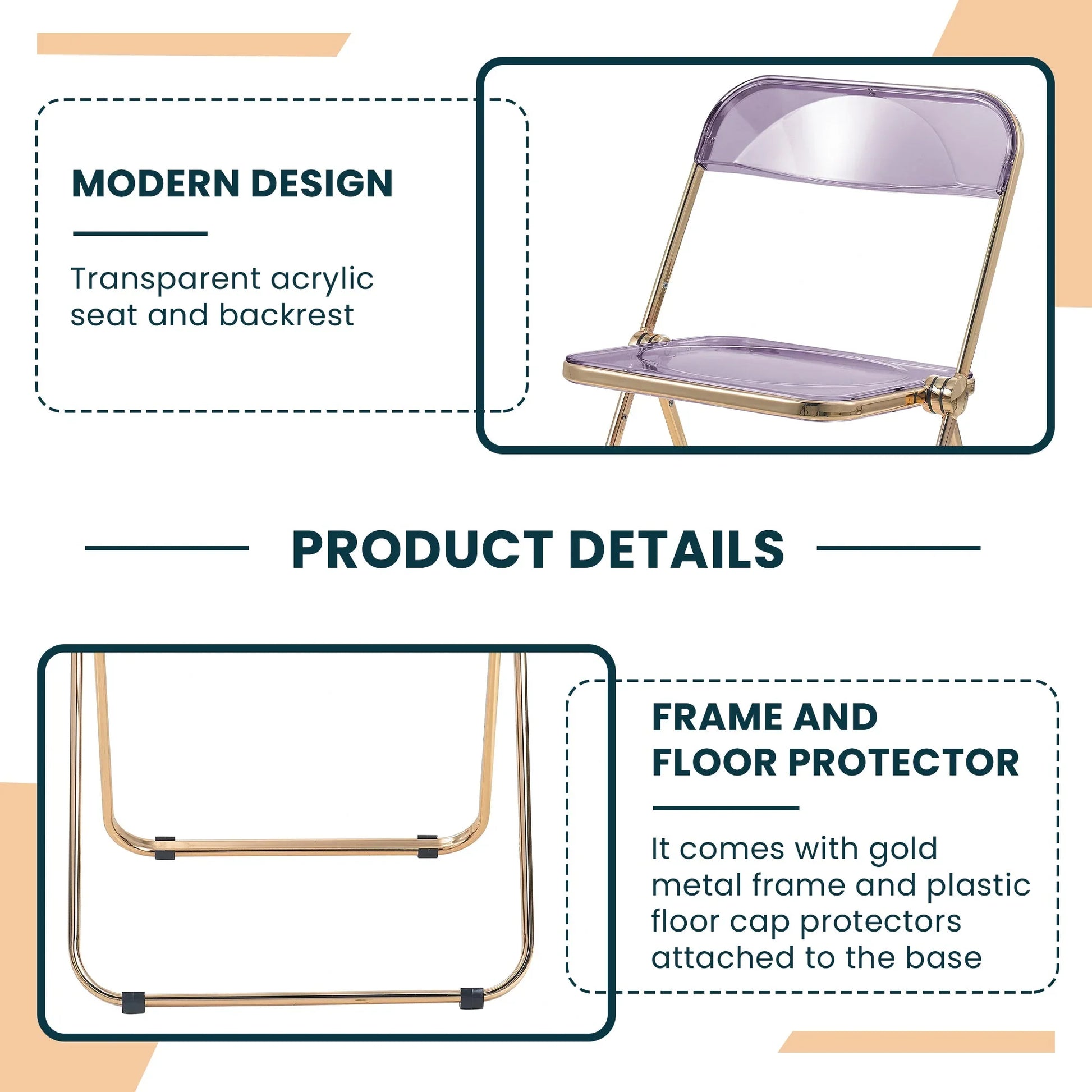 Lawrence Acrylic Folding Chair With Gold Metal Frame Set of 2 - Elax Furniture