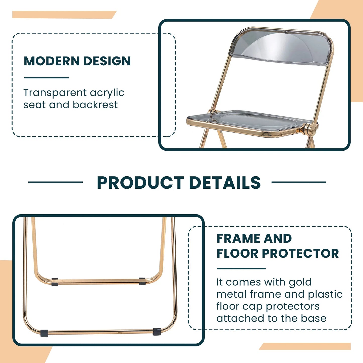 Lawrence Acrylic Folding Chair With Gold Metal Frame Set of 2 - Elax Furniture