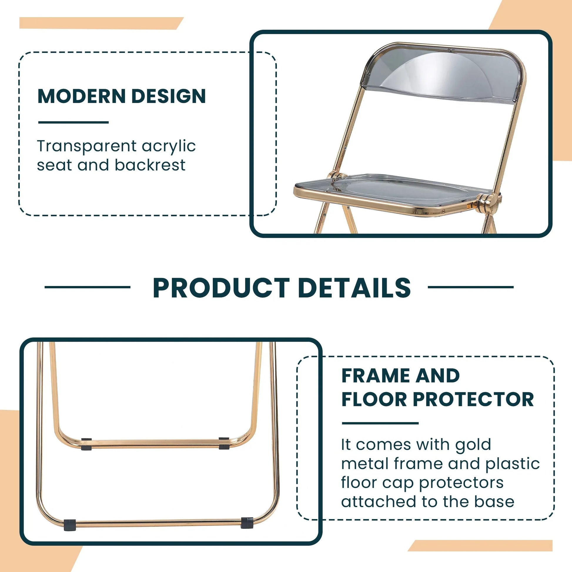 Lawrence Acrylic Folding Chair With Gold Metal Frame Set of 2 - Elax Furniture