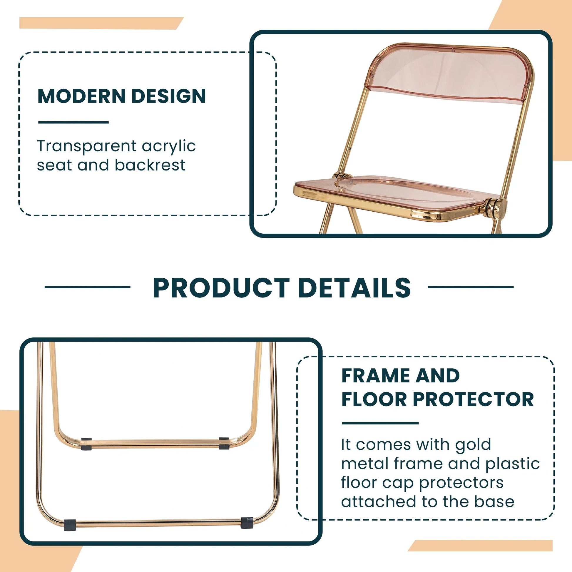 Lawrence Acrylic Folding Chair With Gold Metal Frame Set of 2 - Elax Furniture