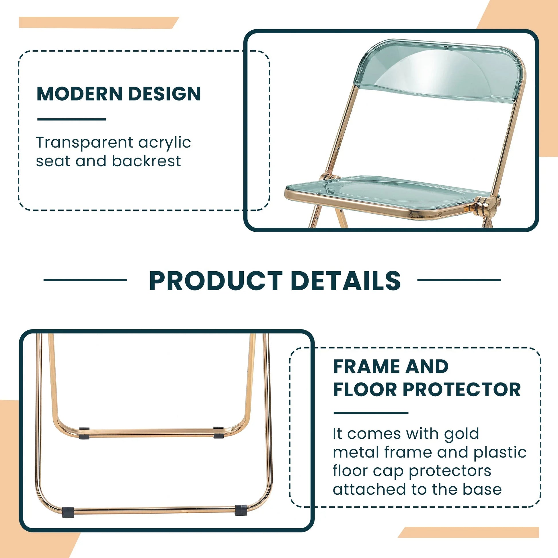 Lawrence Acrylic Folding Chair With Gold Metal Frame Set of 2 - Elax Furniture