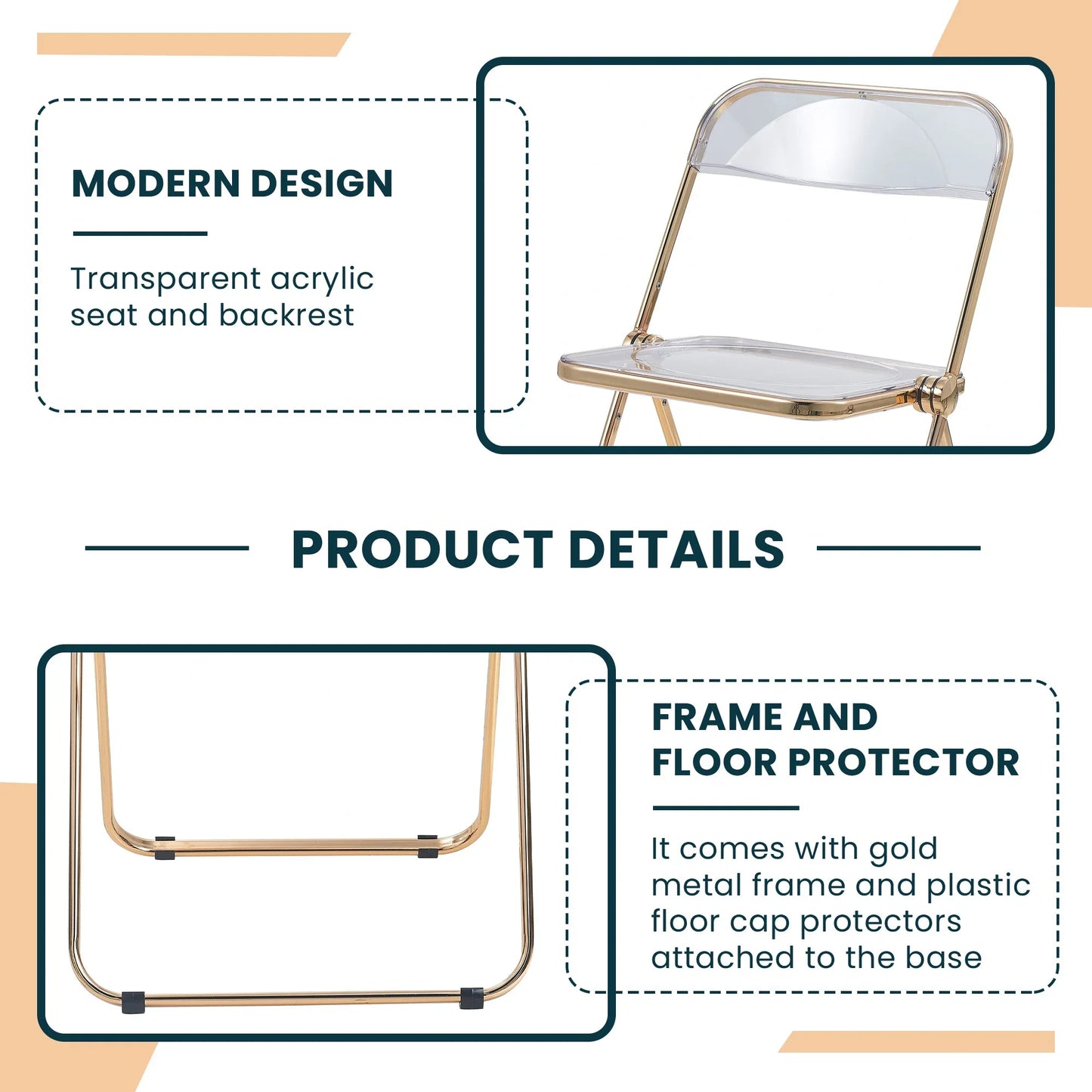 Lawrence Acrylic Folding Chair With Gold Metal Frame Set of 2 - Elax Furniture