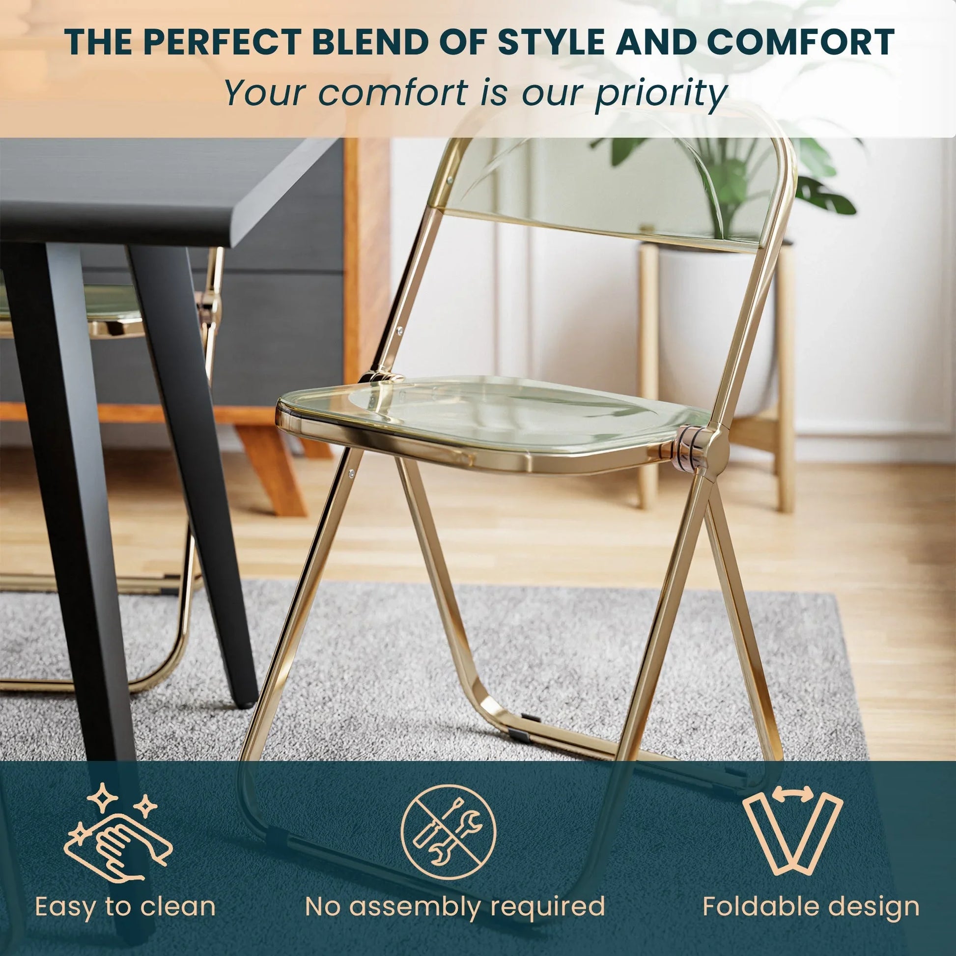 Lawrence Acrylic Folding Chair With Gold Metal Frame Set of 4 - Elax Furniture