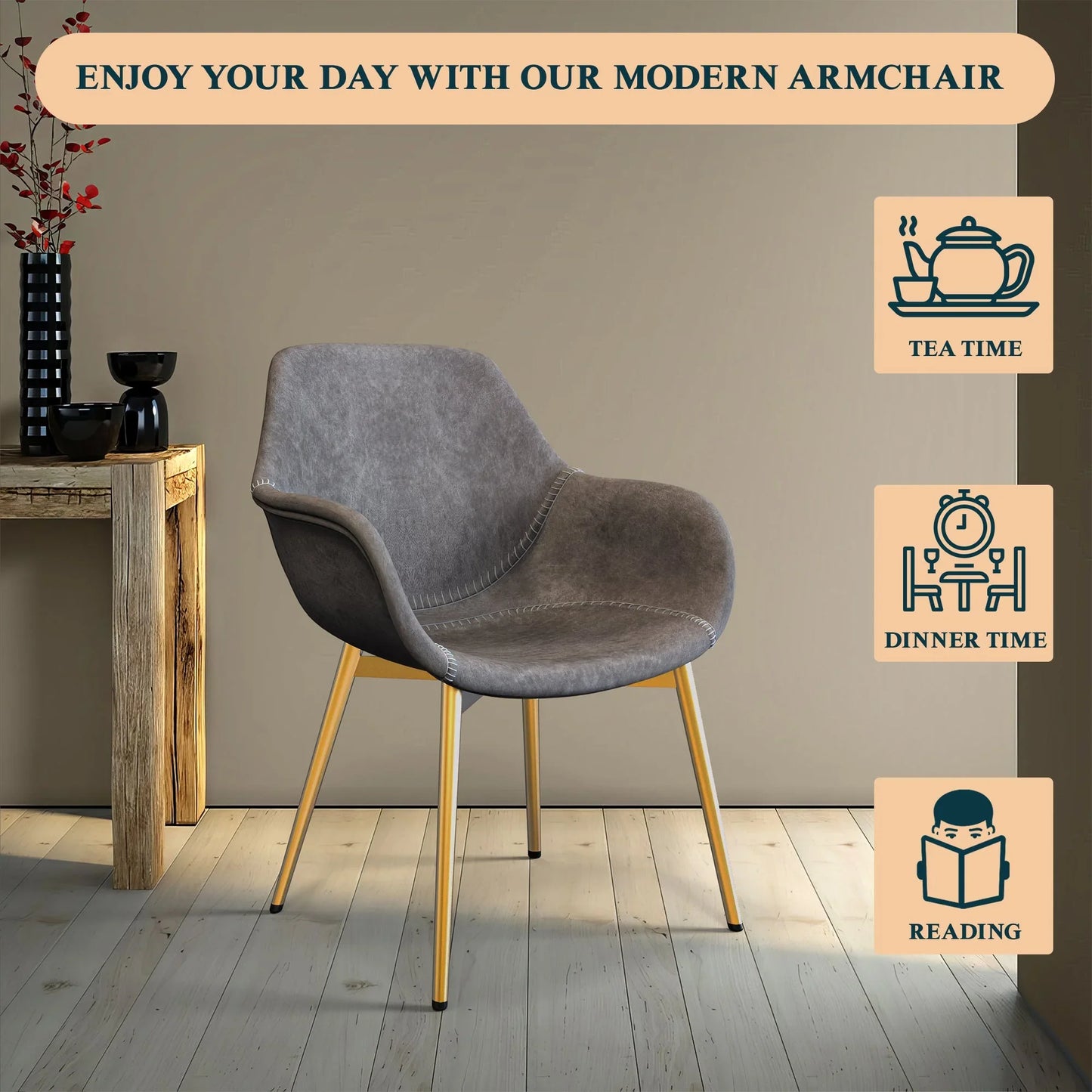 Markley Modern Leather Dining Arm Chair With Gold Metal Legs Set of 4 - Elax Furniture