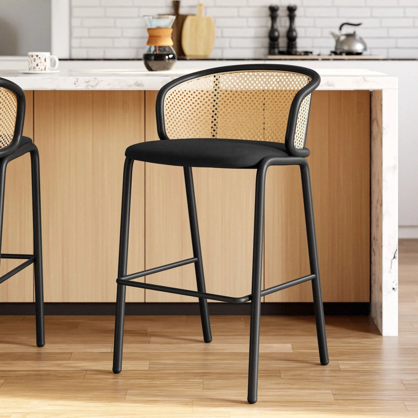 Ervilla Modern Wicker Bar Stool with Fabric Seat and Black Powder Coated Steel Frame, Set of 2 - Elax Furniture