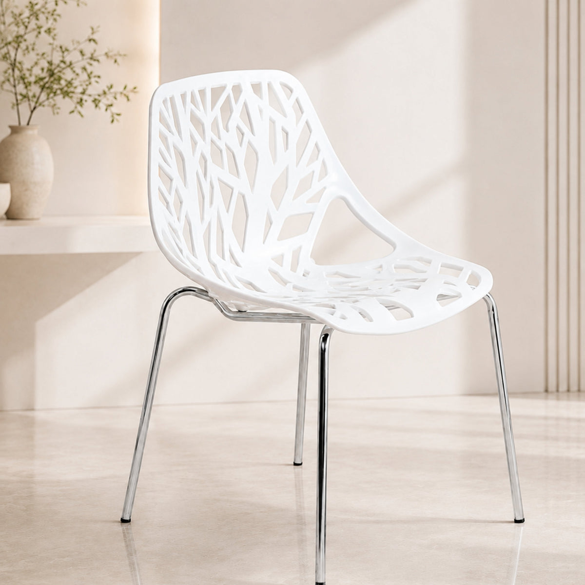 Asbury Polypropylene Dining Side Chair with Forest Cut-Out Design in Chrome