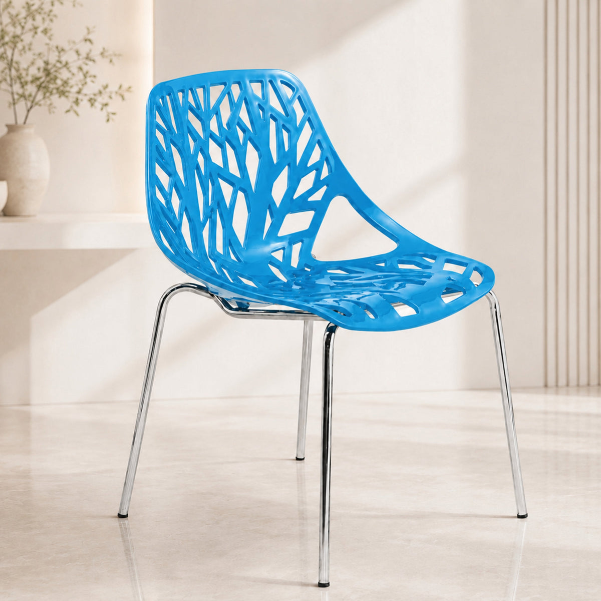 Asbury Polypropylene Dining Side Chair with Forest Cut-Out Design in Chrome