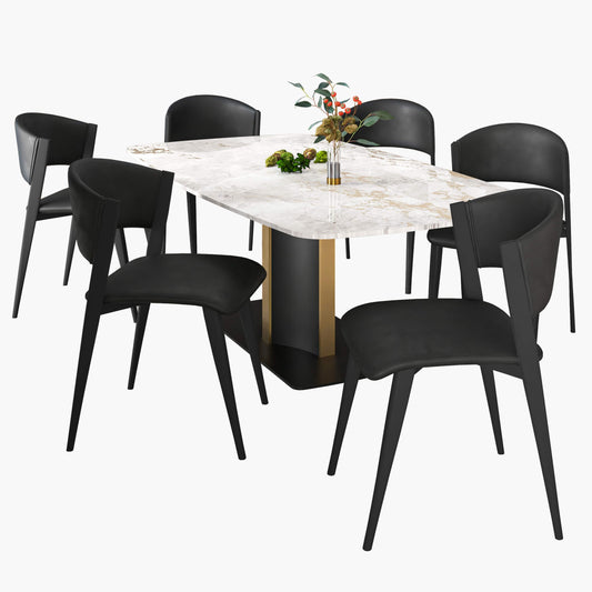 Sylvia 7-Piece Dining Set with Rectangular Table in Sintered Stone Top and 6 Leather Side Chairs - Elax Furniture